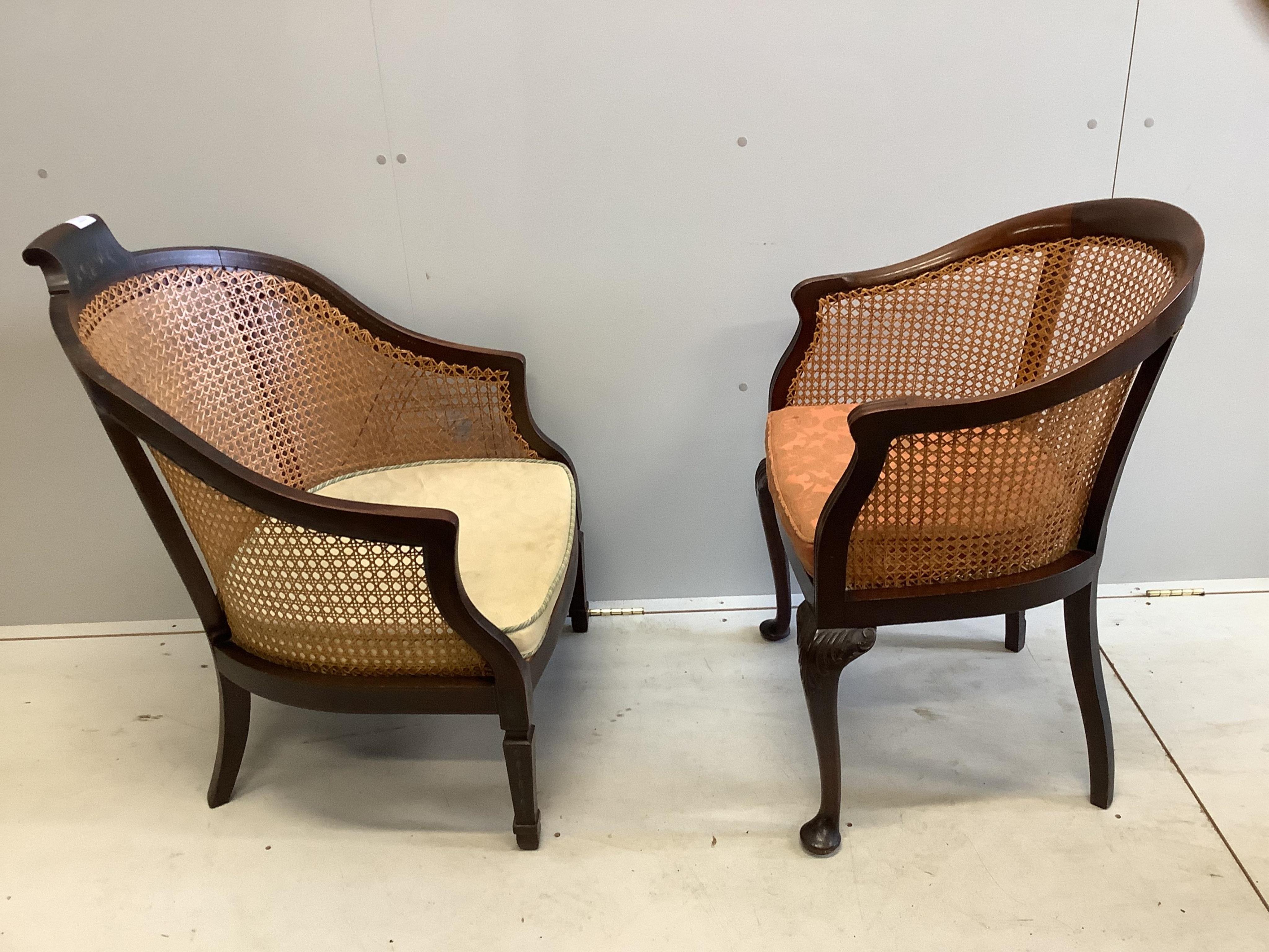 Two mahogany framed caned back tub shaped bergere chairs, larger width 65cm, depth 56cm, height 90cm. Condition - fair to good